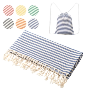 Turkish Cotton Beach Towel Striped Peshtemal Bath Towel With Tassels And Drawstring Bag Quick Dry Absorbent Breathable