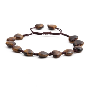 Adjustable tiger eye stone heart bead woven bracelet with gold-brown cat eye effect