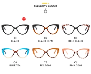 Cat-eye TR90 frames shown in six color variations including tortoiseshell and black gradient