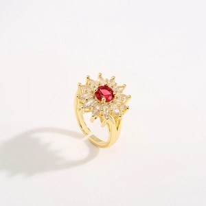 Exquisite 18K gold floral open ring with red round stone and white zircon petals