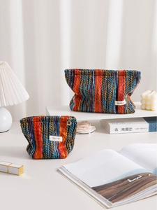 Bohemian Vintage Striped Knitted Cosmetic Bag Travel Makeup Pouch Skincare Organizer Handheld Clutch Coin Purse For Women