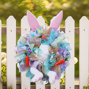 Easter Bunny Butt Wreath Door Hanging Colorful Mesh Plush Rabbit Ears Carrots Festive Party Decoration