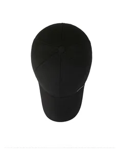 Detailed top view of black winter baseball cap with reinforced stitching and metal trim