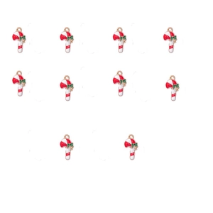 Detail of ten red and white enamel Christmas candy cane charms with green bows