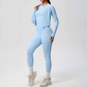 Three-piece light blue quick-dry yoga set including zip jacket, tank top, and high-waist leggings
