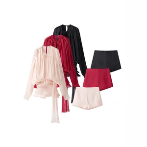 Three-piece set of long-sleeve pleated chiffon tops and matching shorts in various colors