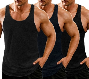 Three-pack of men's black fitted athletic gym vests showing back view and muscular build