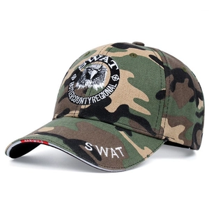 Detailed embroidery of SWAT eagle patch and camo texture on durable canvas outdoor cap