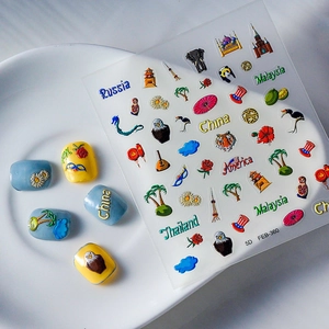 5D geprägte Nagelaufkleber mit Weltsehenswürdigkeiten und Tieren für 3D Nagelkunst Dekor