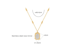 Detailed view of rose mirror pendant with 18K gold plated stainless steel chain dimensions