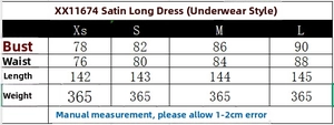 Guide des tailles pour robe longue en satin avec mesures buste taille et longueur