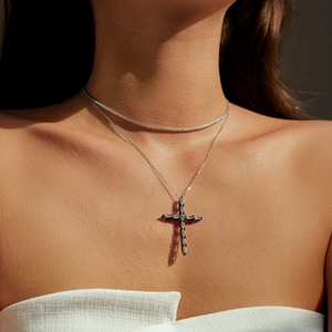 Retro S925 sterling silver cross pendant necklace with sparkling tennis chain for women