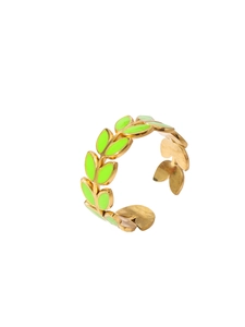 Detail of 18k gold plated leaf ring with green enamel finish and adjustable open band