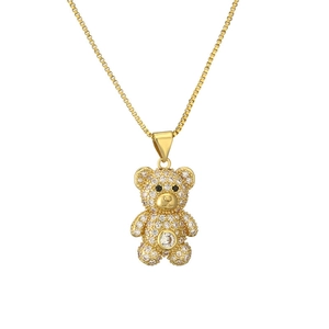 Golden teddy bear pendant necklace with sparkling pavé crystals and box chain for women