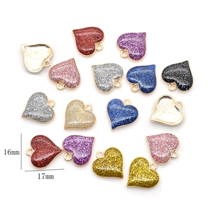 Colorful 16mm heart-shaped alloy charms with pearlescent glitter finish for DIY jewelry