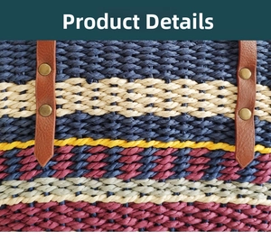 Close-up of rainbow striped straw weaving with leather straps and bronze rivets