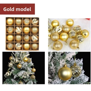 Detail showing 16 golden Christmas balls with matte, glitter, and geometric finishes
