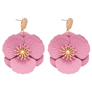 Boucles d'oreilles pendantes fleurs roses avec perles et tiges en argent pour femmes