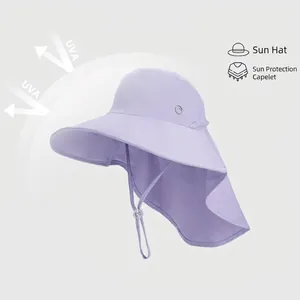 Chapeau de soleil violet à large bord avec protège-nuque pour femme anti-UV