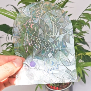 Rainbow holographic arch window sticker with sun, moon and crystal mystic line art