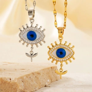 Luxurious hip-hop evil eye pendant necklace with blue zircon and cross in gold and silver