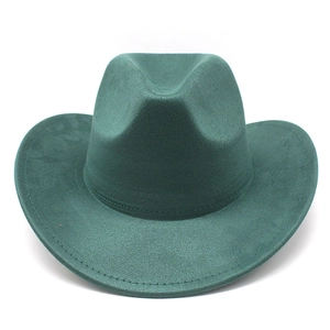 Detail view of dark green faux suede cowboy hat with reinforced stitching on brim