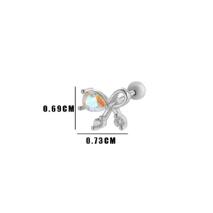 Silver bow stud earrings with teardrop crystal and dimensions of 0.69cm by 0.73cm