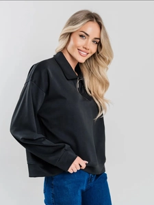 Damen Sweatshirt in Schwarz mit Viertelreißverschluss, Umlegekragen und lockerer Passform