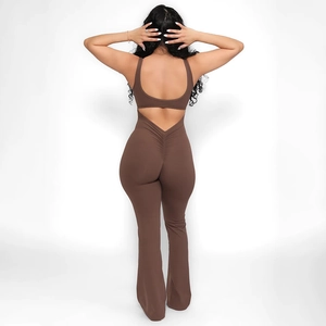 Rear view of brown backless jumpsuit with ruched butt lifting detail and slim fit