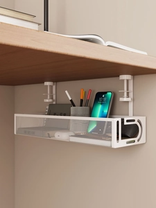 Under desk metal cable management tray with white mesh design and clamp attachment