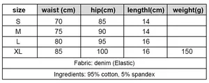 Detaillierte Größentabelle für sexy niedrige Jeans-Shorts mit S bis XL Maßen und Stoffinfo