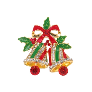 Weihnachtsglocken-Brosche mit rotem und grünem Emaille und Strasssteinen für festliche Outfits