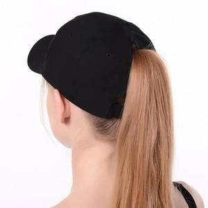Women's plain black ponytail baseball cap with functional back opening and sun protection
