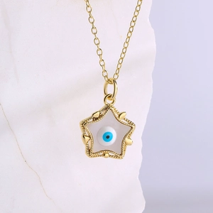 18K gold plated necklace featuring a star pendant with blue evil eye on white background