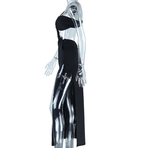 Detail of black one-shoulder dress with side cut-out and high slit on a clear mannequin