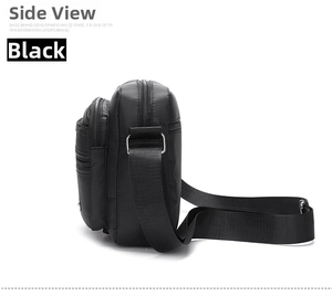 Side view of multi-layer black nylon crossbody bag with adjustable straps and metal buckles