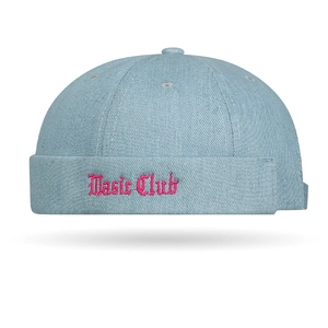 Street style light blue denim docker hat with pink Music Club embroidery detail