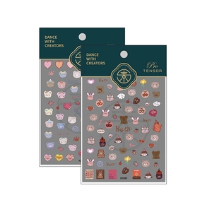 Cartoon teddy bear nail art stickers with heart and cherry designs on two sheets