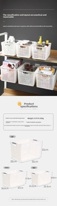 Detailed size specifications of white plastic storage bins with ergonomic handles