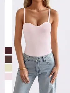 Women Spaghetti Strap Bodysuit Slim Fit Sweetheart Neck Solid Color Polyester Elastane Sleeveless Top Sexy Streetwear