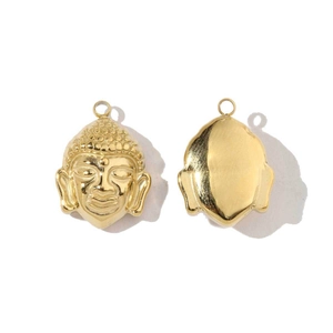 Detailed front and back view of a golden Buddha head pendant in polished stainless steel