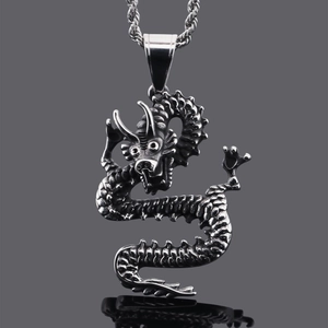 Silver zodiac dragon pendant necklace in stainless steel for men with high polished finish