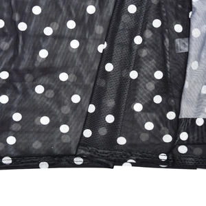 Close-up of black mesh fabric with white polka dots showing sheer texture and seam details