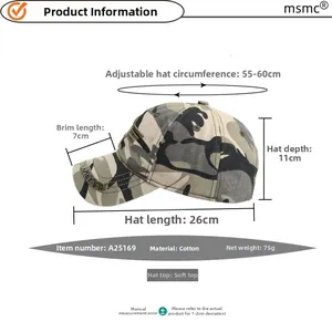 Detailed size chart showing dimensions for camouflage baseball cap with 55-60cm circumference
