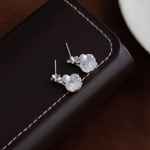 Elegant silver pearl earrings with sparkling crystals on a premium brown leather jewelry box