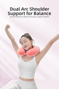 Pink memory foam U-shaped travel pillow with double-arc shoulder support and secure buckle