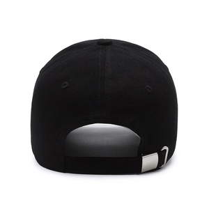 Back view of black cotton baseball cap featuring adjustable silver metal buckle