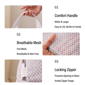 Stereo honeycomb mesh laundry bag with widened handle and protective grey zipper