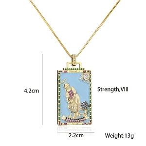Detail of tarot strength pendant with gold finish, blue enamel and colorful cubic zirconia
