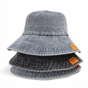 Cappello Bucket In Denim Lavato Retro A Tesa Larga Protezione Solare Cappello Da Pescatore Patch Arancione Moda Per Donne Viaggi